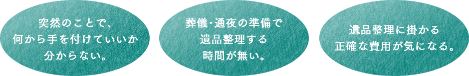 突然のことで､何から手を付けていいか分からない｡葬儀･通夜の準備で遺品整理する時間が無い｡遺品整理に掛かる正確な費用が気になる｡